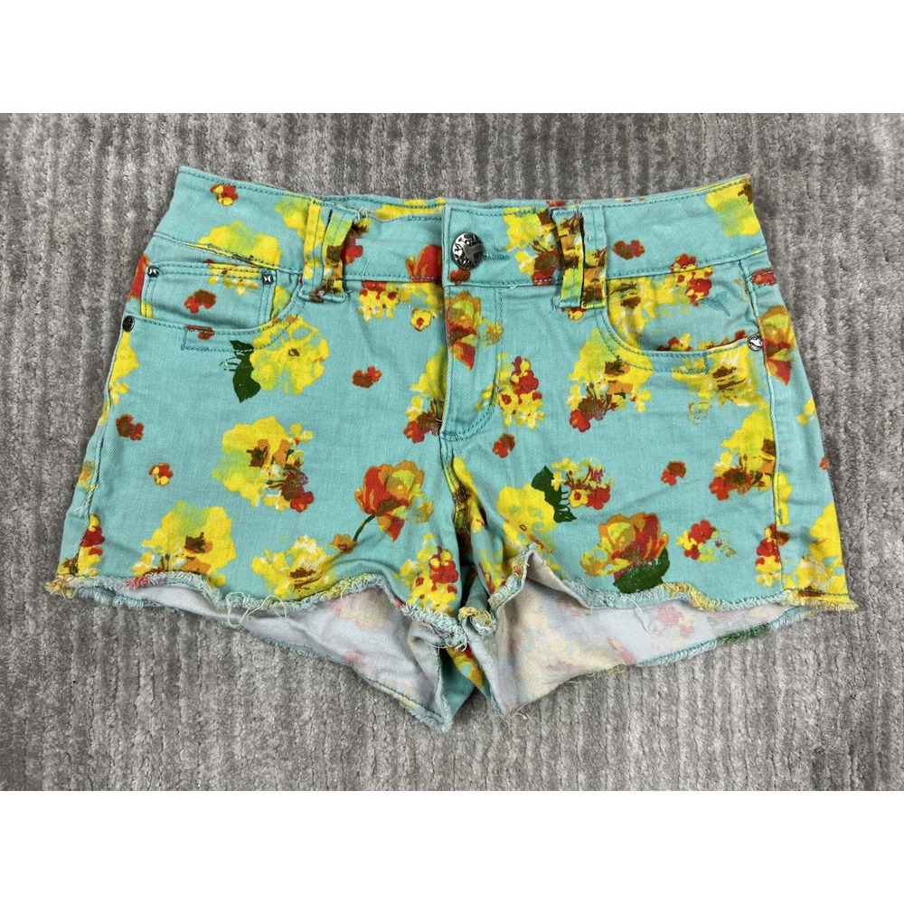 Grane Floral Denim Shorts Womens 7 Teal Blue Yellow Orange Cutoff Raw Hem Junior